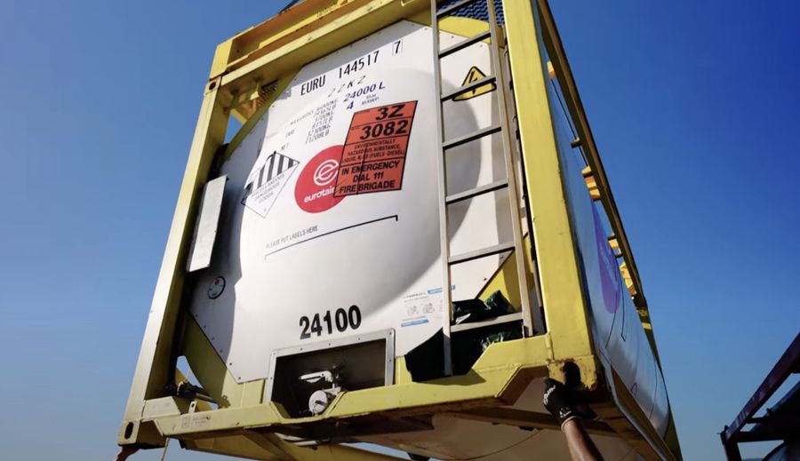 One of the Tanktainers used to store dirty fuel, oil, and sea water from the wreck. Photo credit: YouTube/NZDF