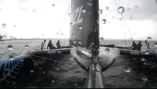 BLACK FOILS SailGP Team helmed by Peter Burling on Race Day 1 of the Mubadala New York Sail Grand Prix in New York, USA. Saturday 7 June 2025. Rolex SailGP Championship Event 6 Season 2025. Screen grab from live action, SailGP.