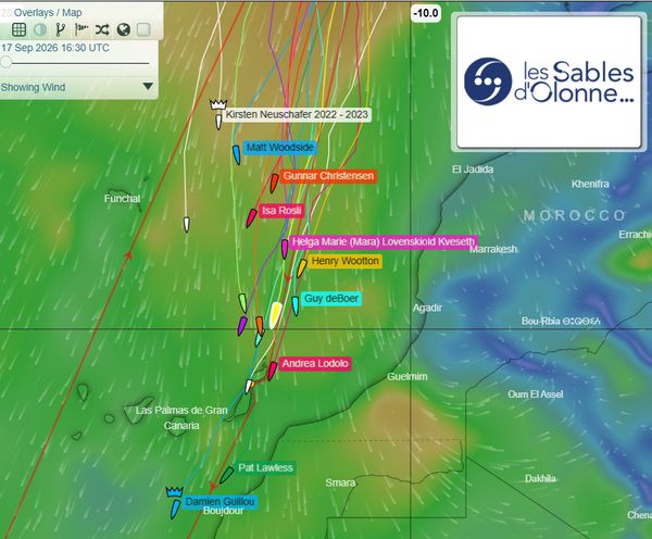 The GGR2026 tracker at 16:30 UTC on 17 September shows Damien Guillou and Pat Lawless beyond the first film gate, with the fleet stretched northwards towards Madeira.