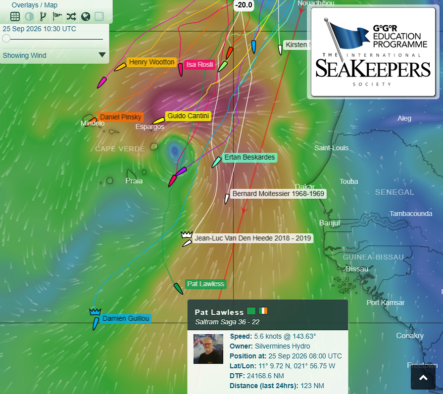 A YB Tracker screenshot showing fleet positions, routes and wind conditions, featured in Don McIntyre's daily GGR2026 tracker reports on YouTube and Facebook. Credit: GGR2026 / YB Tracking