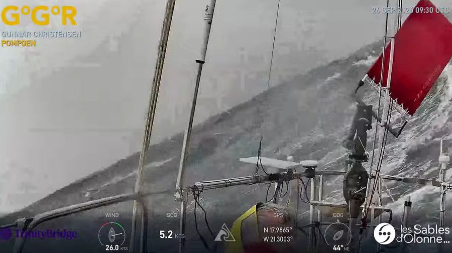 Heavy seas break over POMPOEN in this GGR Window LIVE image from 26 September, as American skipper Gunnar Christensen battles 50-knot winds and five-metre swells aboard his Hans Christian 34 cutter, losing gear from the stern. Credit: GGR2026