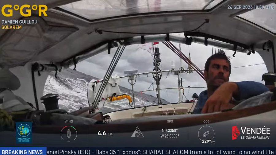 French skipper Damien Guillou at the helm of his Rustler 36 SOLAREM during GGR Window LIVE on 26 September, sailing close-hauled in 20 to 25 knots as squalls ease and he and Pat Lawless push towards the southeast trades. Credit: GGR2026