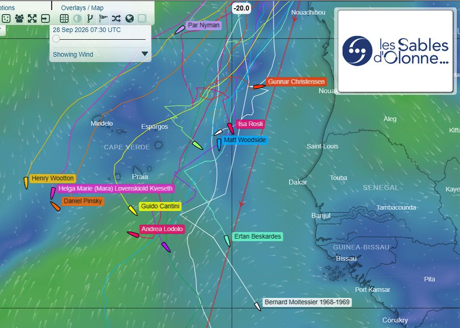 A tracker view from 07:30 UTC on 28 September shows the fleet's tangled paths around Cabo Verde and off West Africa after the storm, while Damien Guillou and Pat Lawless sail on further south towards the trade winds. Credit: GGR2026