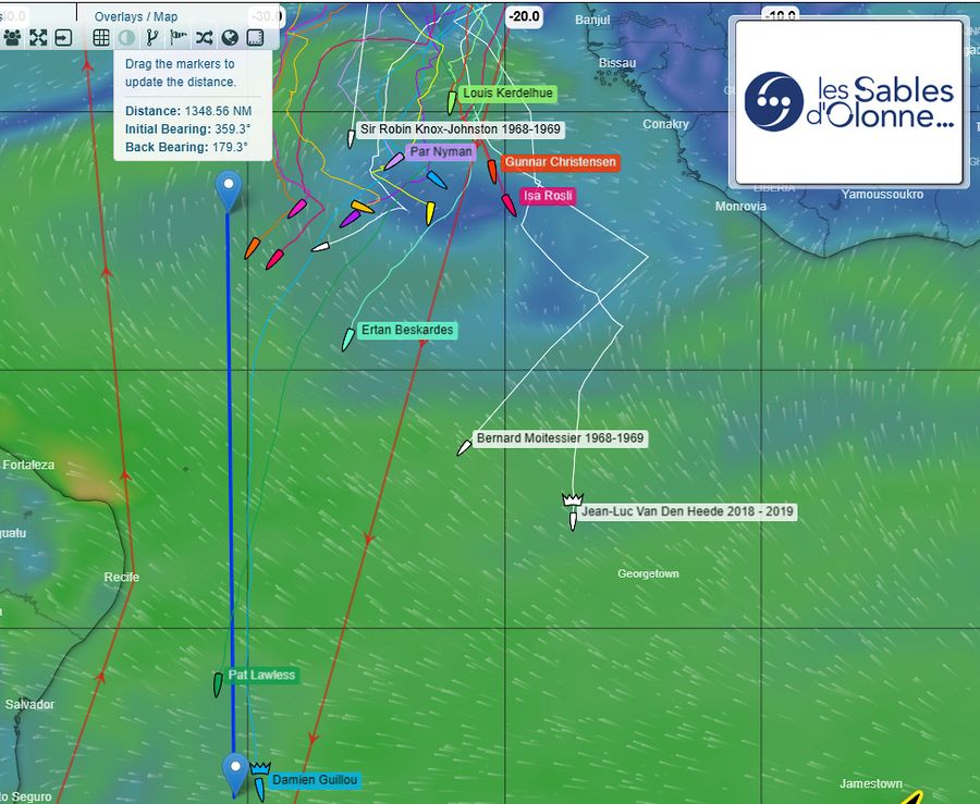 The GGR tracker reveals a stretched fleet in the Atlantic, with Damien Guillou and Pat Lawless clear to the south, Ertan Beskardes holding third, and the chasing pack battling fickle winds further north. Credit: GGR2026