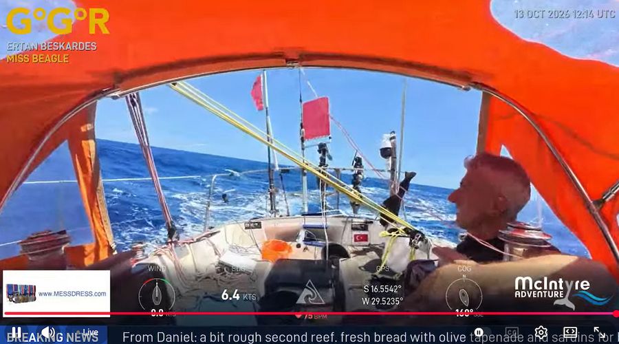 Ertan Beskardes aboard Miss Beagle in the South Atlantic, now holding second place in the Golden Globe Race as a severe storm bears down on the fleet. Captured by GGR Window LIVE on 13 October 2026.