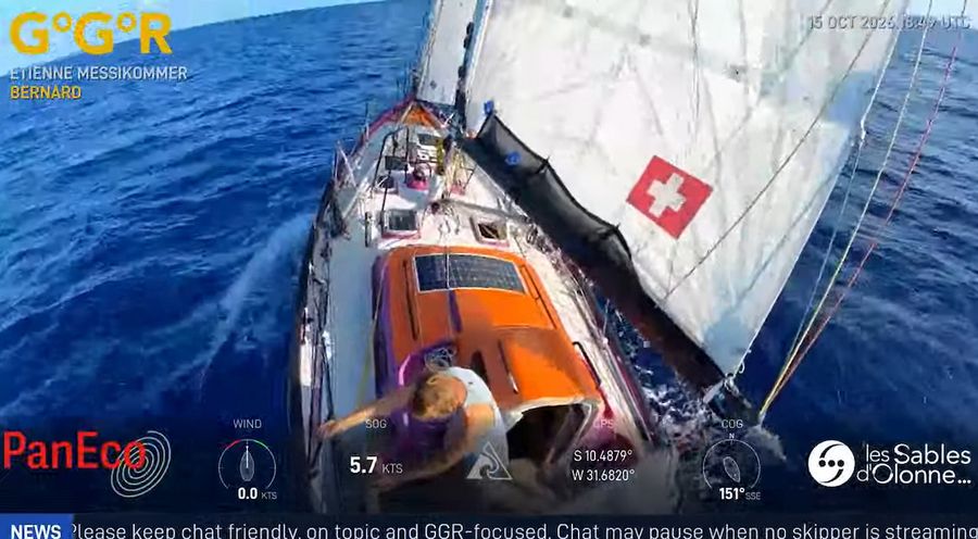 Etienne Messikommer sailing Bernard across the South Atlantic, where weeks of frustrating calms have given way to the threat of a powerful storm. GGR Window LIVE image from 15 October 2026.