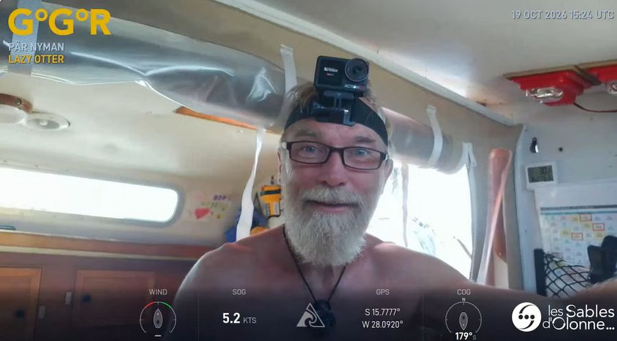 Pär Nyman aboard Lazy Otter during his solo circumnavigation, pressing on despite two broken ribs, repeated mast climbs and radio troubles as the fleet nears the Southern Ocean. GGR Window LIVE, 19 October 2026.