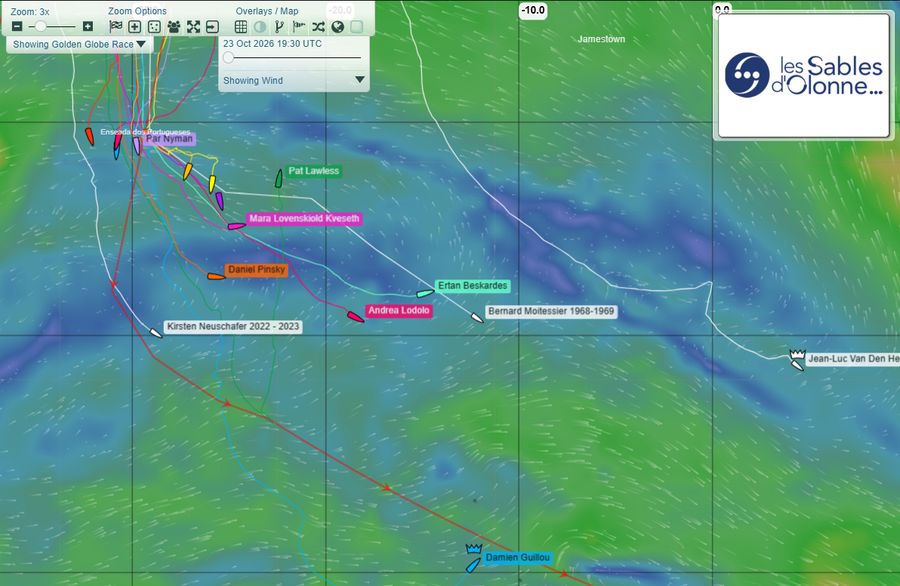 The GGR Yellowbrick tracking map from 23 October 2026 shows leader Damien Guillou aboard Solarem sailing well south of chasers Ertan Beskardes and Andrea Lodolo, as skippers adjust course ahead of a powerful storm forecast for 25 October.