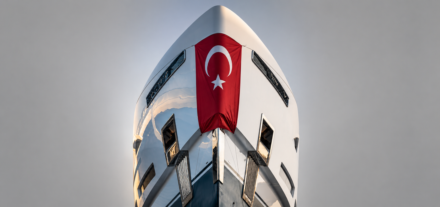 The bow of the Sirena Marine 42, with the Turkish flag marking the 42-metre superyacht’s launch at Sirena Marine’s Istanbul shipyard.