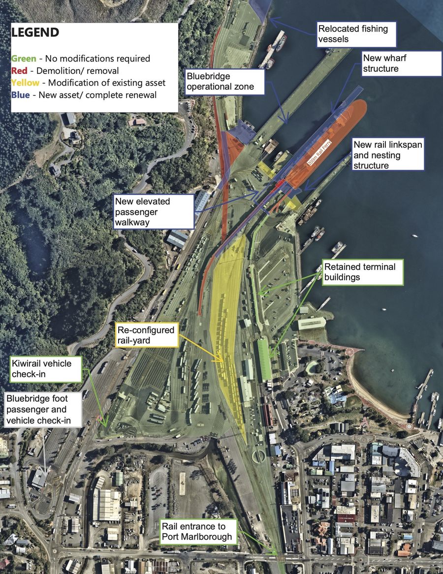 Along with the announcement, graphics of impacted land-side infrastructure were released. Here it's possible to see the impacts on the existing and new-build Picton infrastructure required for loading, unloading and managing the ferries.
