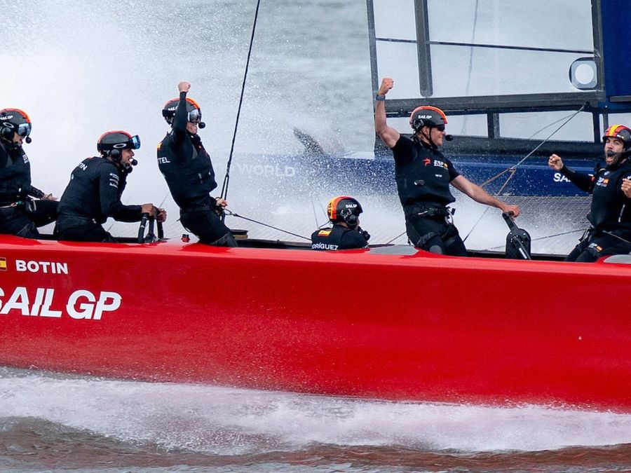 Spain SailGP Team helmed by Diego Botin celebrate as they cross the finish line to win in the final on Race Day 2 of the Mubadala New York Sail Grand Prix in New York, USA. Sunday 8 June 2025. Rolex SailGP Championship Event 6 Season 2025. Photo: Jason Ludlow for SailGP. Handout image supplied by SailGP.