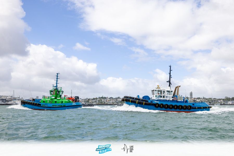 Sparky pips Waipapa to the post by a mere 11-seconds in the Tugboat Harbour Race in the 2025 Auckland Anniversary Regatta. Monday 27 January. Photo: Suellen Hurling / Live Sail Die