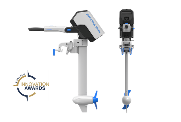 Spirit 2 electric outboard with its Alternative Propulsion award from the Miami Boat Show.