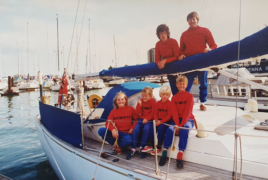The Kiff family standing on board Wetherley soon after purchase.