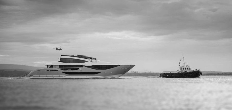 Sunseeker 134 Superyacht reaches Poole for fit-out.