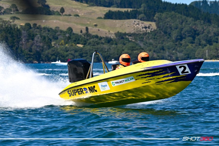 Supersonic at Whitianga, the final meet of the summer 2025 season. Photo credit- Shot360 : Facebook Offshore Powerboat NZ