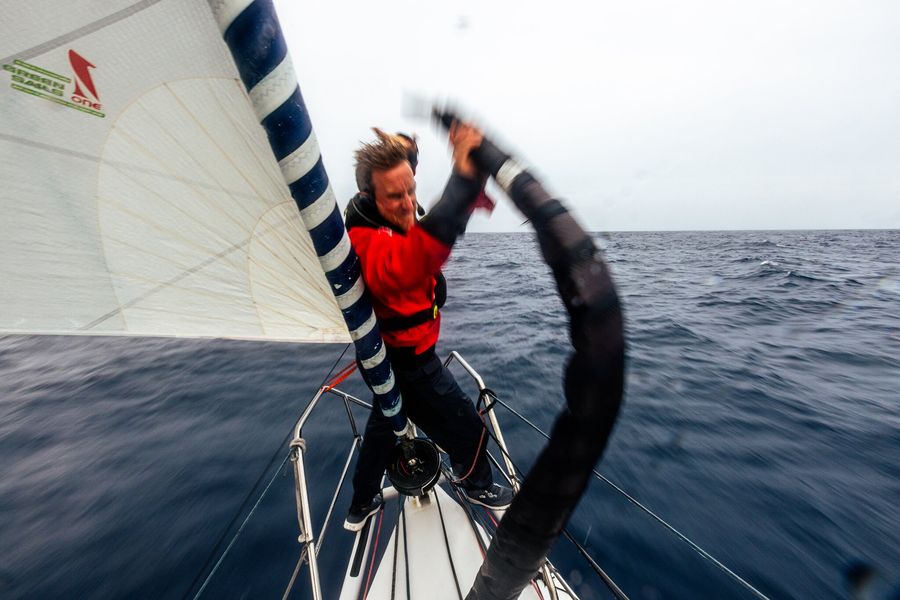 Conrad Colman and Elie Pirnay dropping the A3. The Ocean Race Atlantic