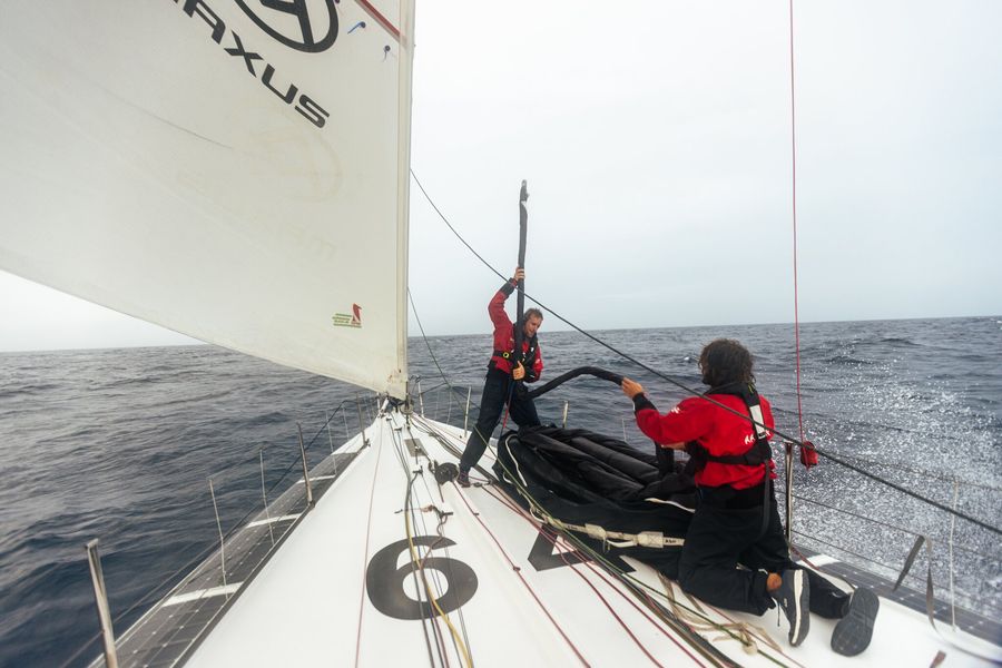 Conrad Colman and Elie Pirnay dropping the A3. The Ocean Race Atlantic