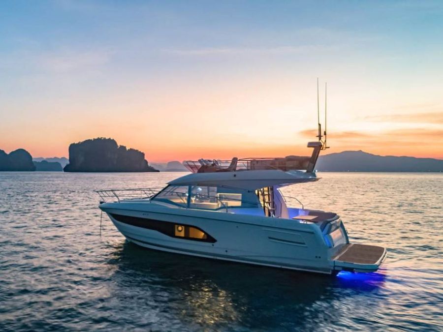 The 2020 Prestige 420 FLY at anchor in the sunset