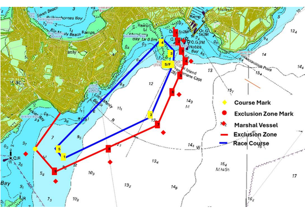 The Gulf Harbour course, showing race marks, the start and finish, exclusion zone and marshal positions.