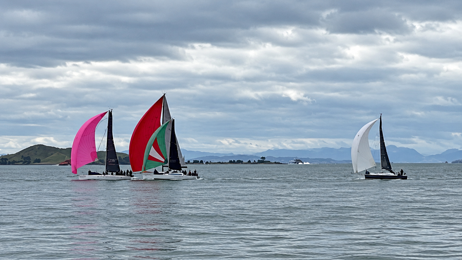 The 2026 Roy McDell start was overcast with colorful spinnakers.