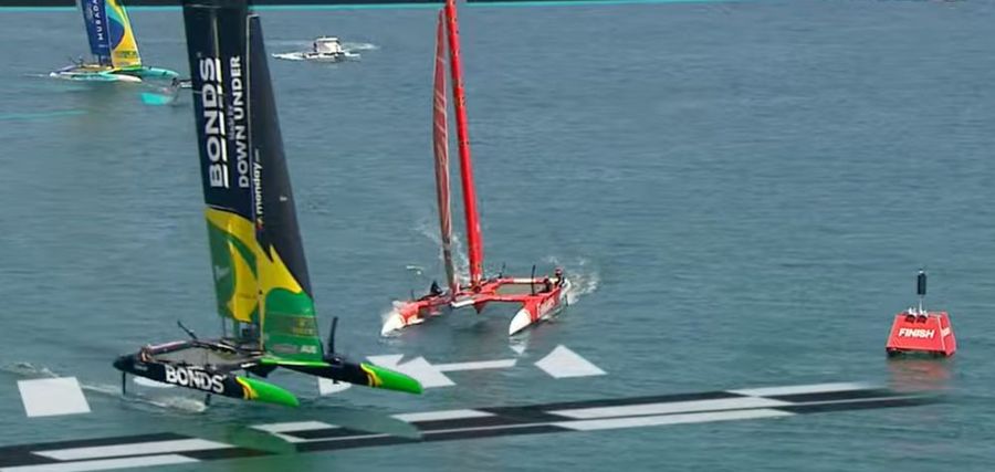 The BONDS Flying Roos and Emirates GBR hit the finish line in Group A's final race of Day 1 in Valencia