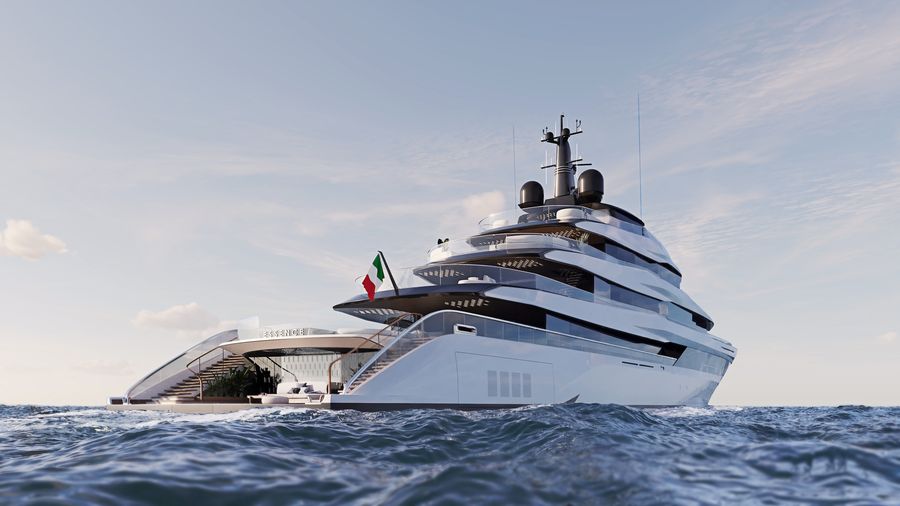 The ISA Essence 82m from astern, showing the cascading aft decks and broad open stern designed to bring guests closer to the water.