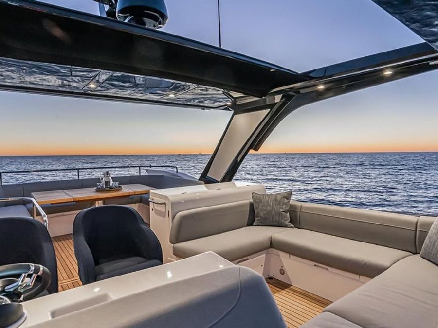 The Sunseeker Manhattan 55 flybridge at dusk