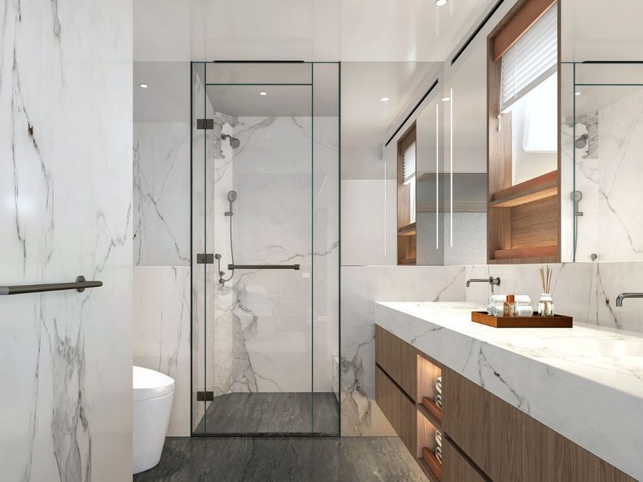 The bathroom found on the lower level of the CLB65 SUV