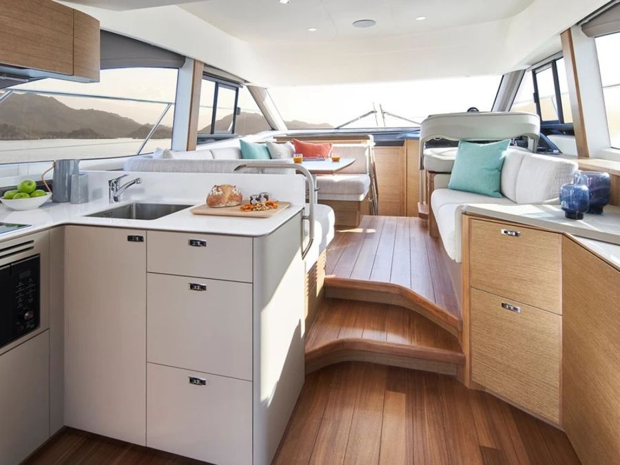 The galley looking through to the saloon in the Princess F45