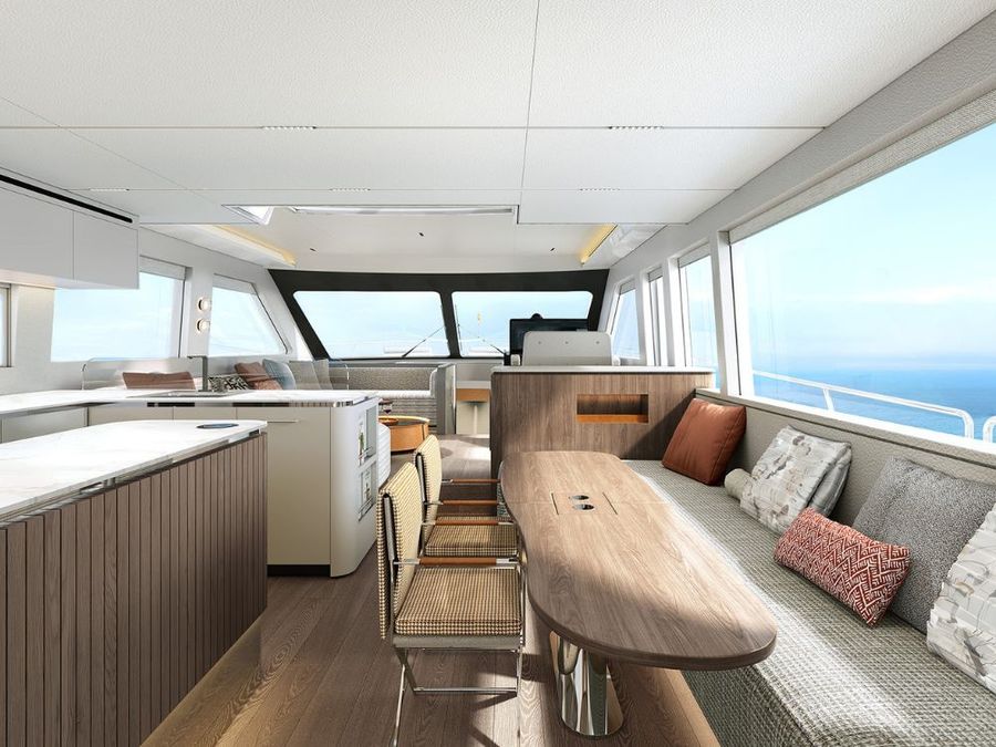 The saloon, galley and helm area in main deck level of the CLB65 SUV