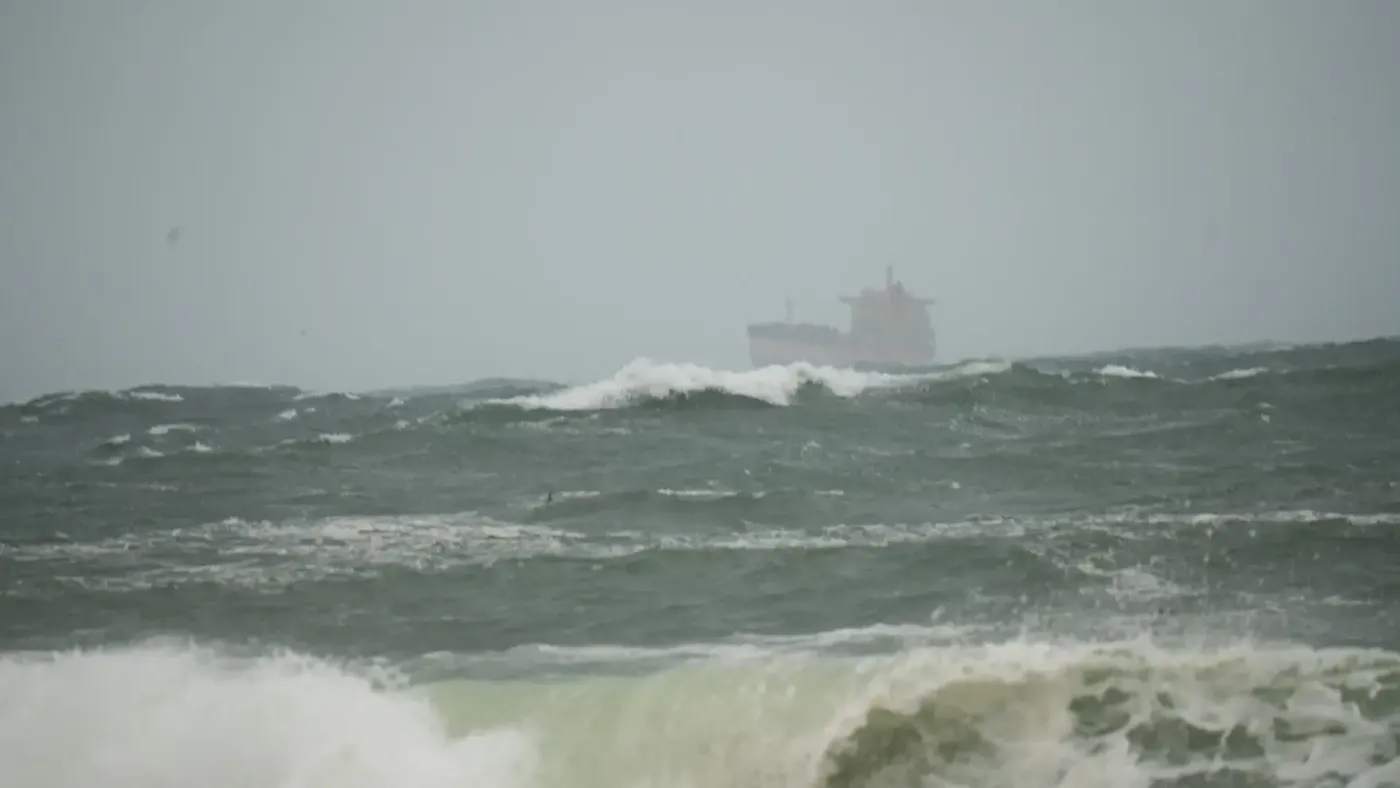 The Pan Viva, a 738-foot Panama-flagged cargo ship, anchored near Constantine Bay near Unalaska on Saturday. (Photo courtesy Ellis Berry via KUCB)