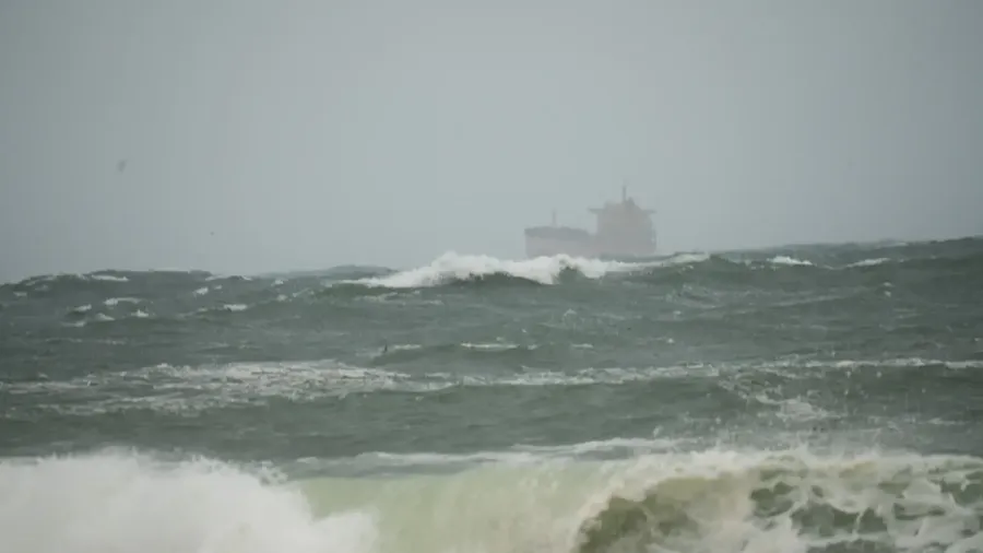 The Pan Viva, a 738-foot Panama-flagged cargo ship, anchored near Constantine Bay near Unalaska on Saturday. (Photo courtesy Ellis Berry via KUCB)