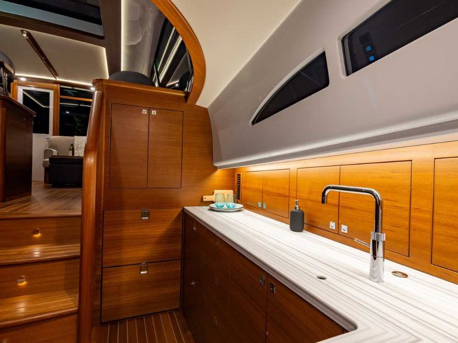 The indoor galley features ample storage space