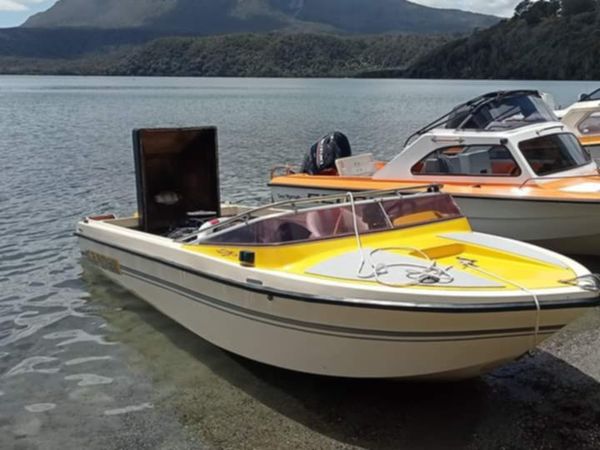 This jet boat is Cameron Jefferies V8 powered Hamilton jet. I'm not fully confident on the hull.