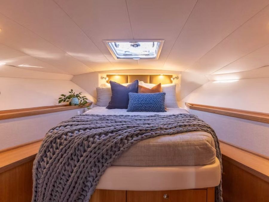 The master cabin features a generous walkaround berth, and handily placed steps, meaning no awkward climbing in and out of bed