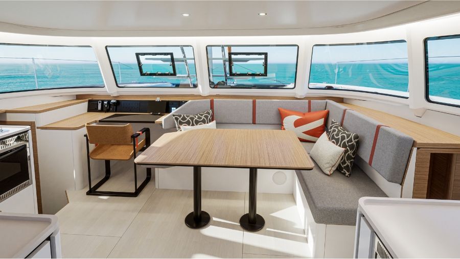 The saloon is bathed in natural light, and large windows offer a panoramic view of the surroundings, making you feel part of the seascape even when you’re comfortably indoors.