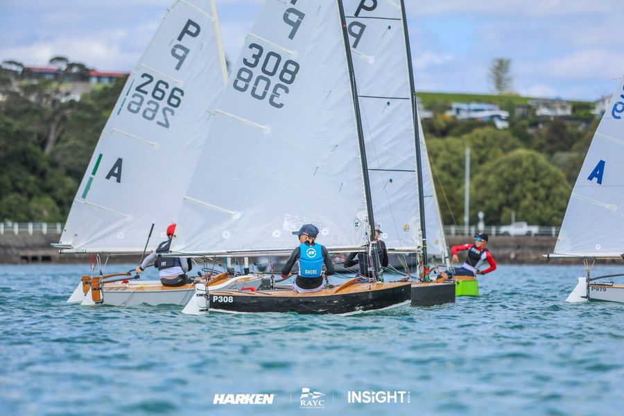 Theo Dacre (308) travelled from the Napier SC to race in the 2026 P-Class North Island Championships. Beind is Jasmine Fry	from the Kohimarama YC.