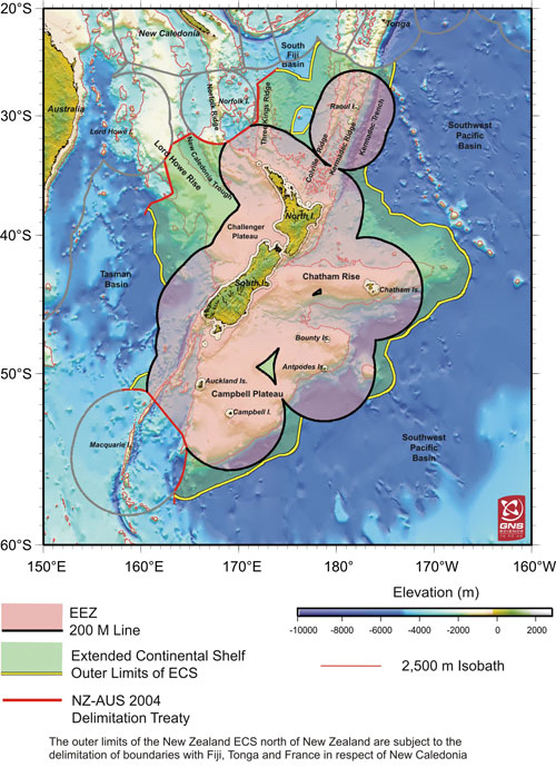 This map shows New Zealand's marine boundaries, including the extended continental shelf. Photo credit: MFAT