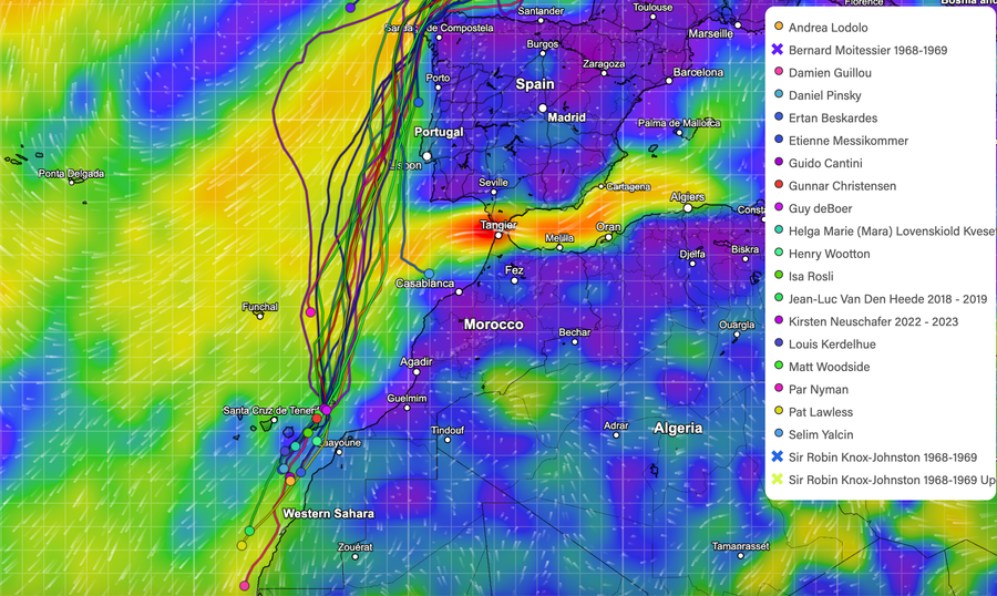 Todays boat positions with the PredictWind overlay of wind conditions
