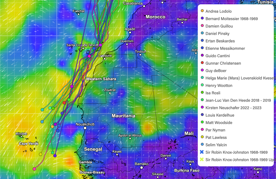 Todays map with wind levels, after which the sailors locations are overlayed on it.