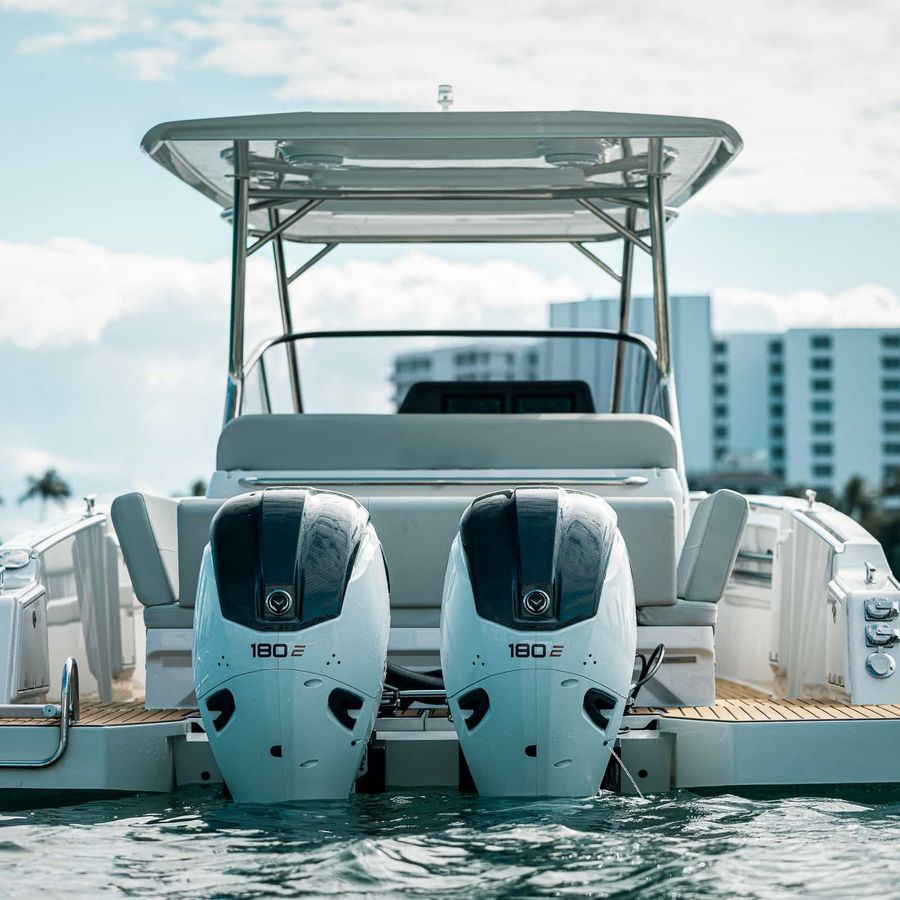 Twin Vision Marine E-Motion 180E electric outboards power the STERK 31E, which is showcasing Avikus navigation and assisted docking technology at the 2026 Fort Lauderdale International Boat Show.