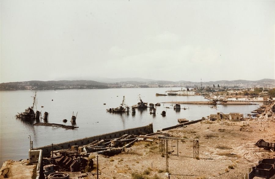 The Toulon Naval Dockyard, France photographed from the Coaling Station circa late 1944. Photo credit: U.S. Navy - Official U.S. Navy photo 80-G-K-2012