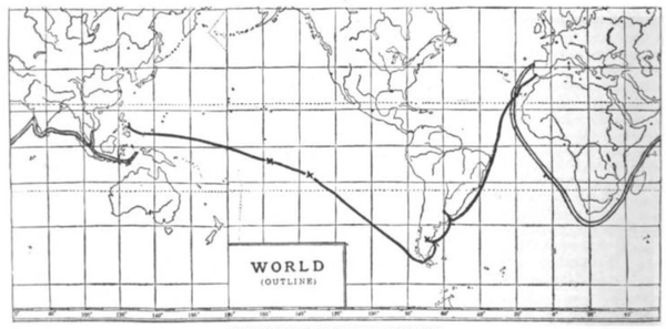Magellan's voyages; the double line represents Magellan's trip from Portugal to the Moluccas. The single line traces his long, continuous voyage from Spain to the Philippines. Photo credit: Wikipedia