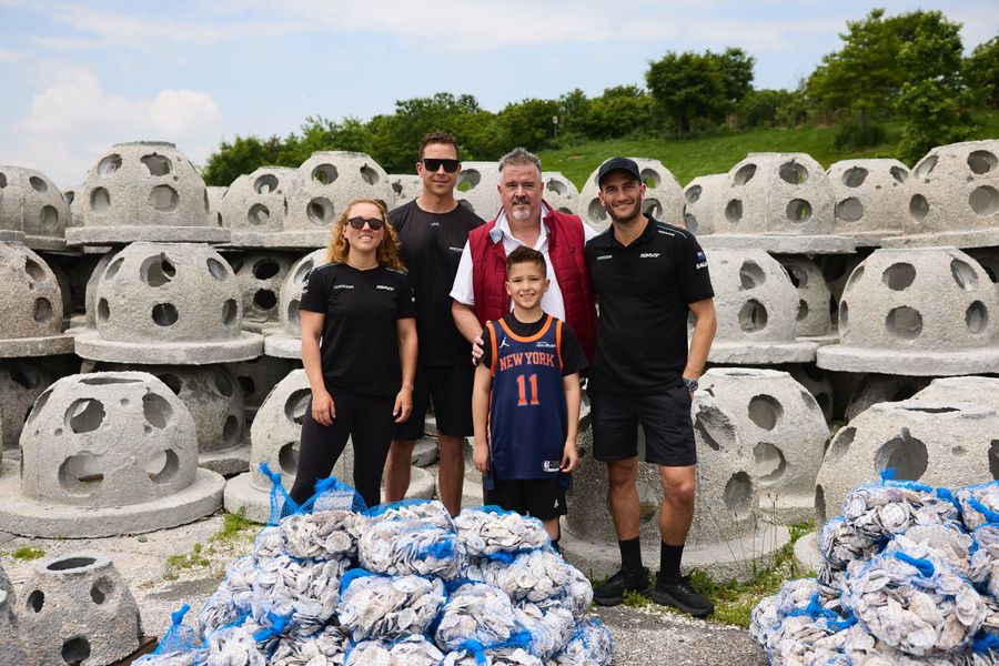 Liv Mackay and Blair Tuke at the Billion Oyster Project reef site in New York Harbour