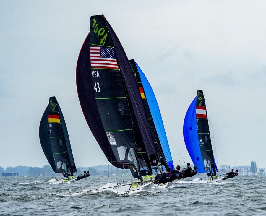 Squalls and shifts test 49er fleet on opening day at Almere Grand Slam, 02 June 2026