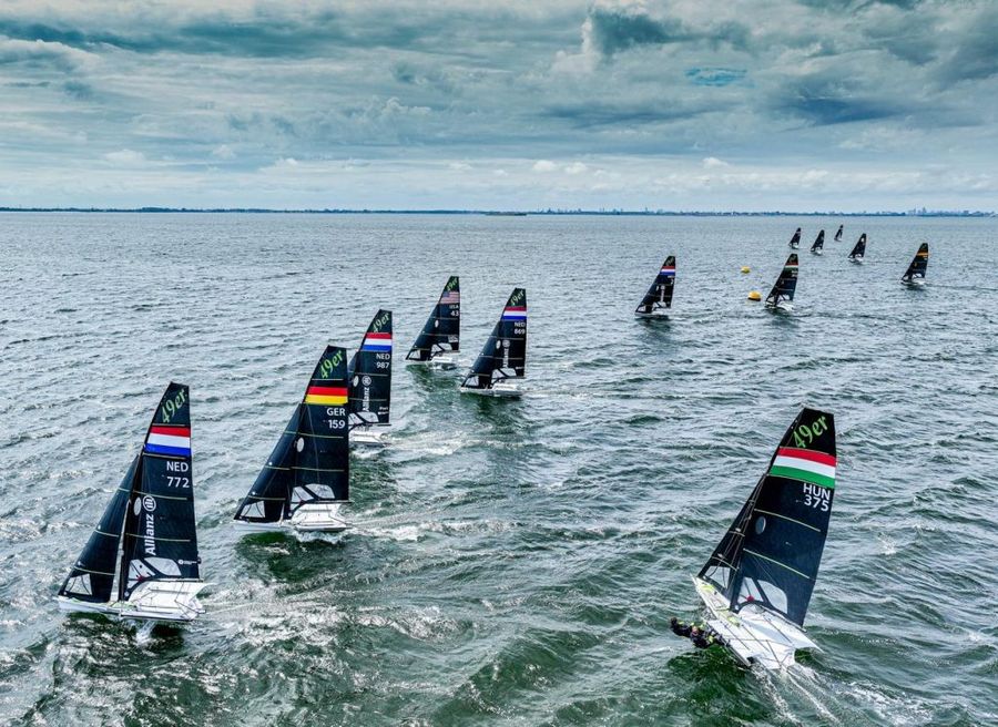 Squalls and shifts test 49er fleet on opening day at Almere Grand Slam, 02 June 2026