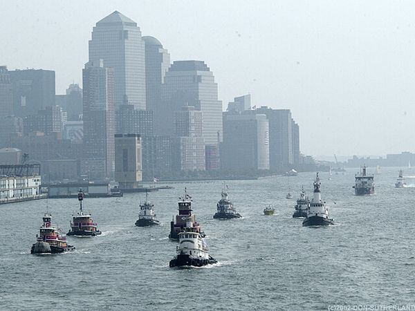 Workboats head toward Manhattan to assist with evacuations on Sept. 11, 2001. New York Council of the Navy League photo