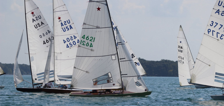 Zig-Zag, centre, sailed by Arthur Anosov and Brian Terhaar, finished ninth at the 2025 Vintage Gold Cup on Gull Lake, Michigan.