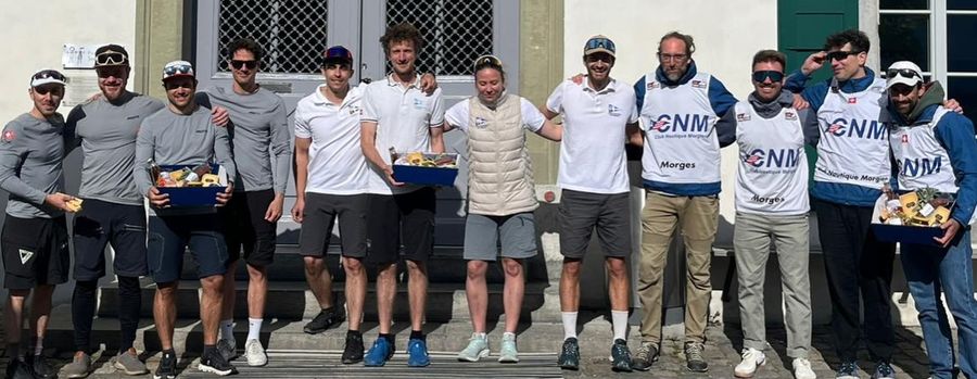 The winning crew celebrate after the J70 Swiss regatta